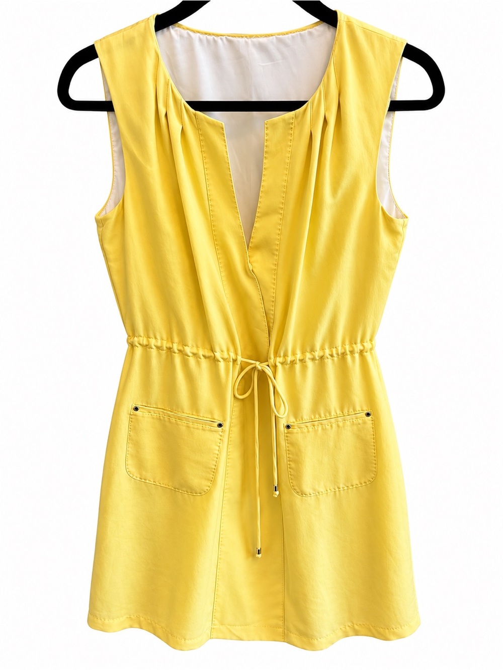 Yellow Drawstring Silk  Sleeveless Dress